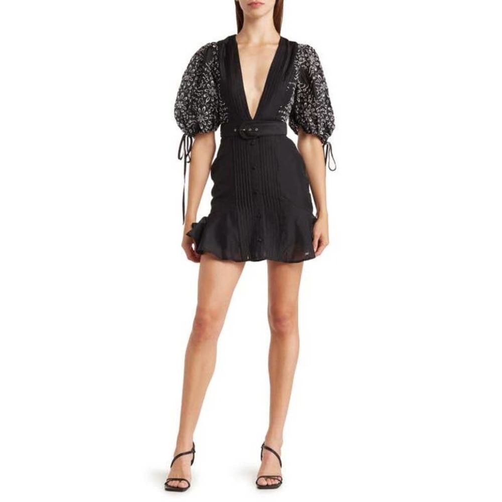 Asos Design Eyelet Embroidered Puff Sleeve Deep V-Neck Mini Dress